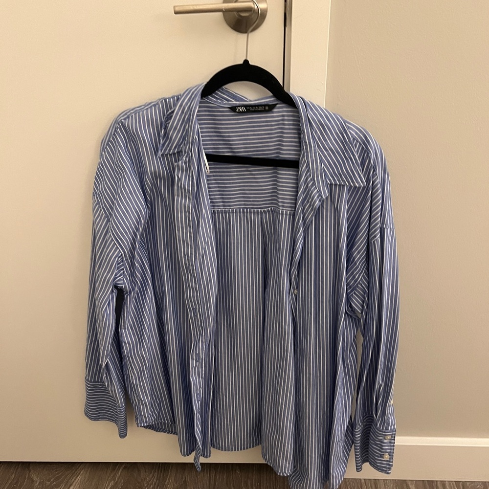 Zara Women’s Casual Blue and White Striped Shirt